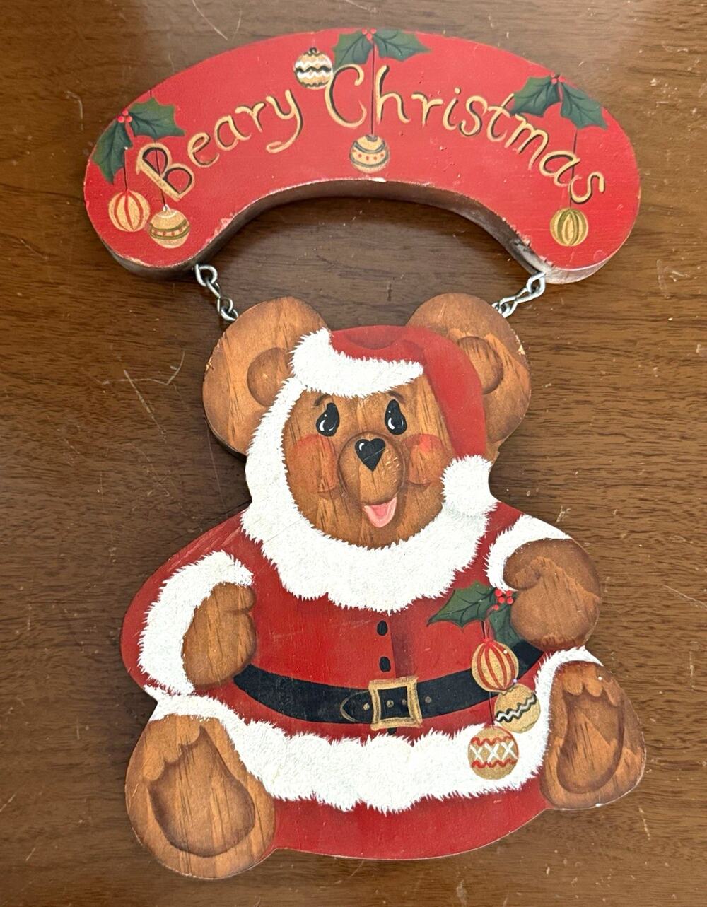 Vintage “Beary Christmas" Bear Santa Wooden Wall Hanging Decor 9" x 7"